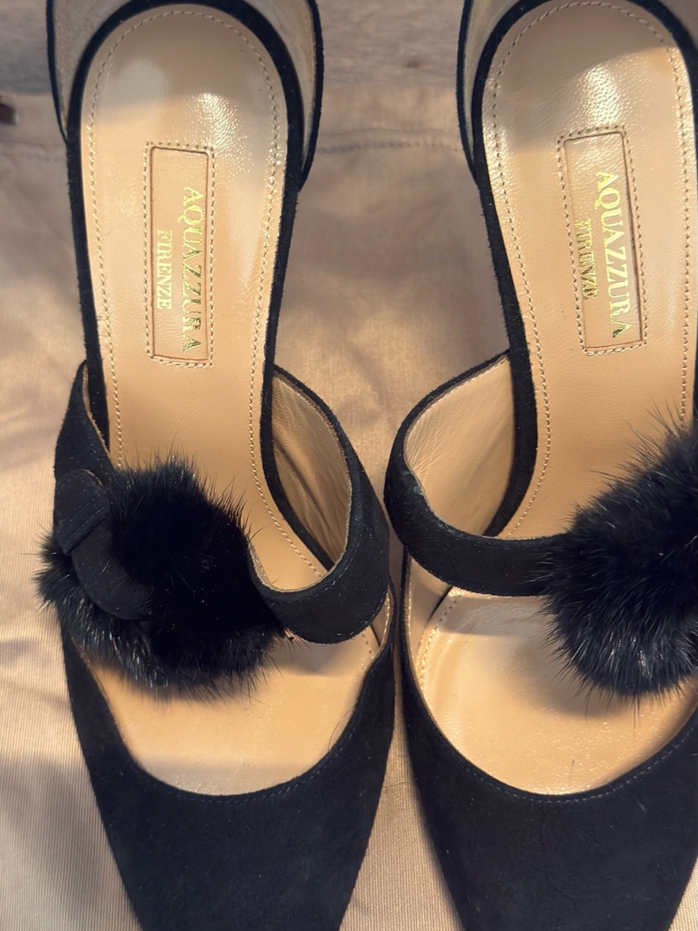 Aquazzura Black Suede Pom-Pom Ankle-Strap Pointed Heels